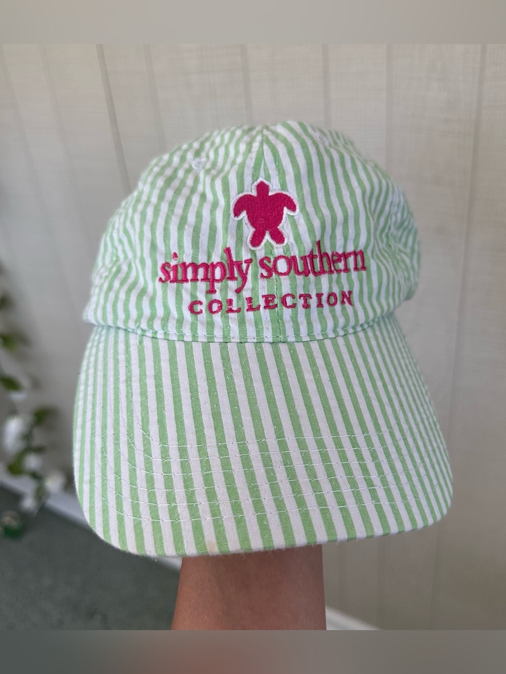 Simply Southern Seersucker Striped Green White Pink Baseball Cap Hat